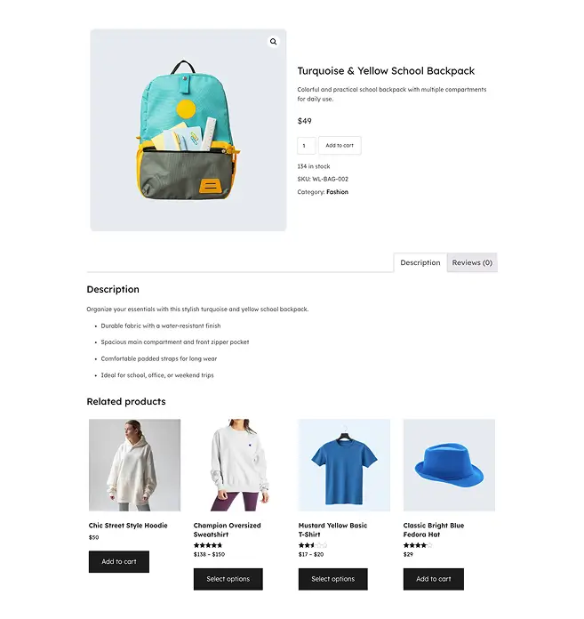 Simple Product Page Template with Right-Side Description