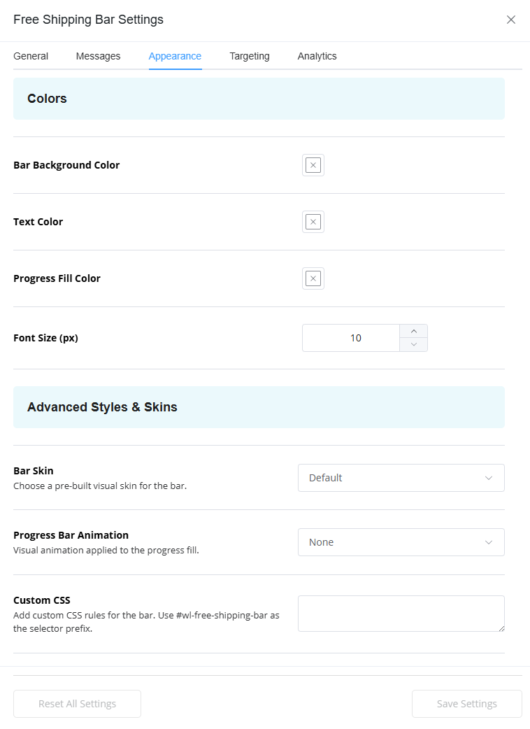 Appearance Colors, Fonts & Skins - Free Shipping Bar for WooCommerce