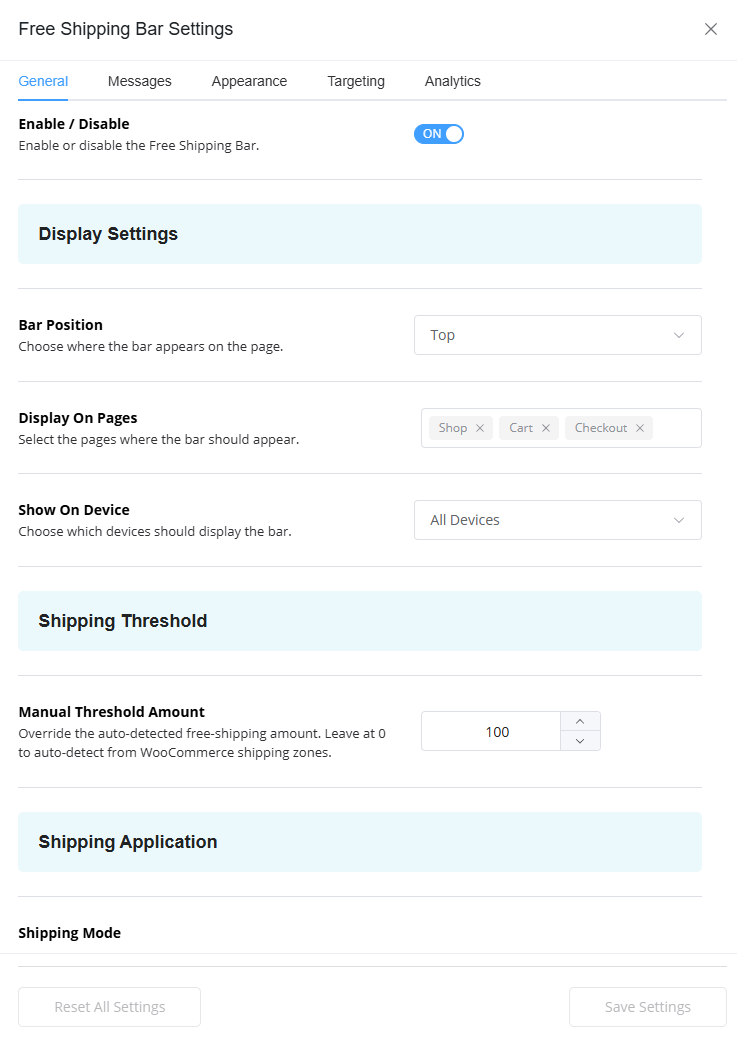 Free Shipping Bar General Settings