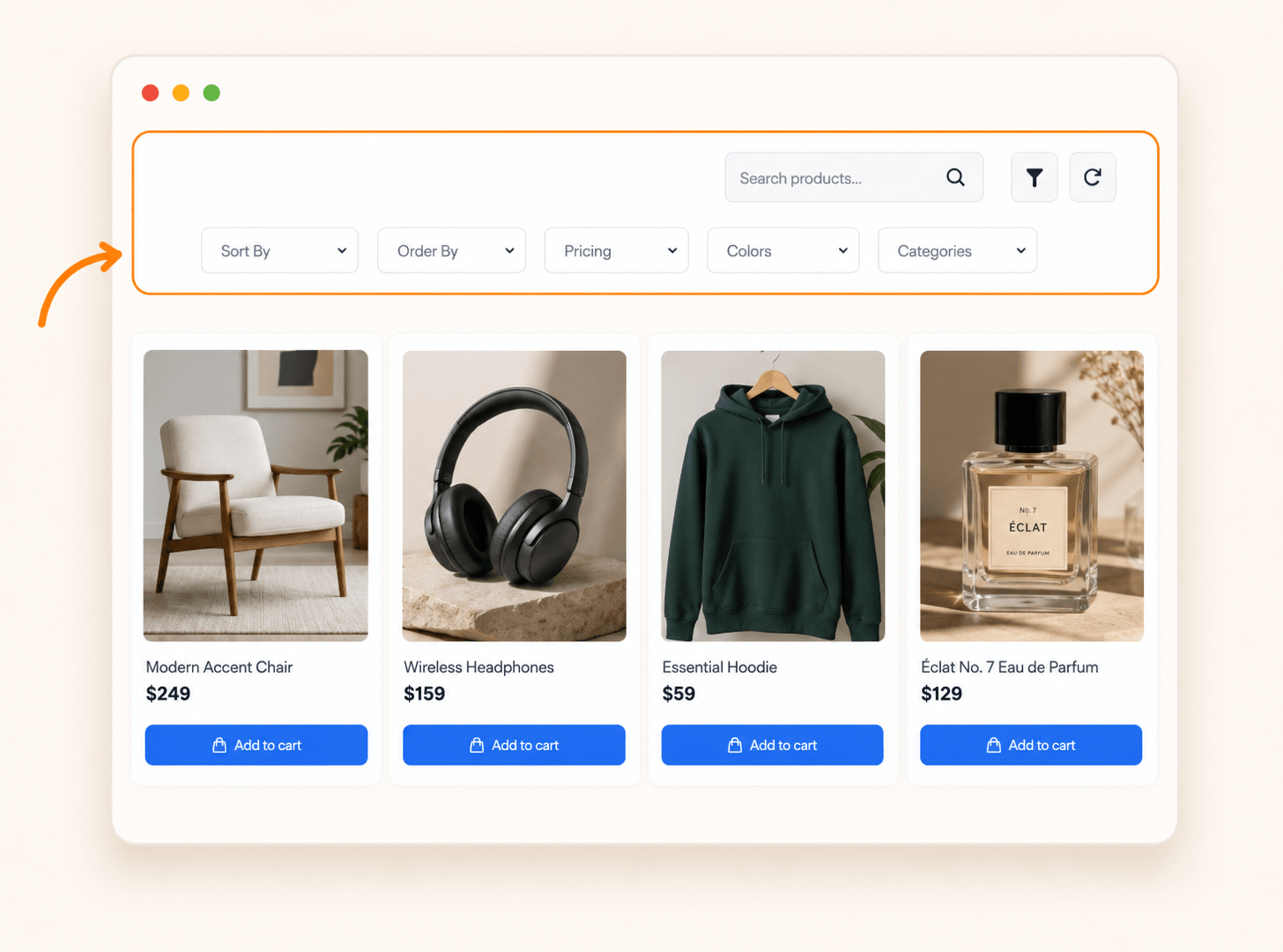 horizontal product filter WooCommerce for elementor