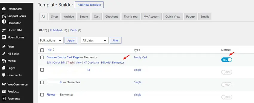 Edit with Elementor for empty cart