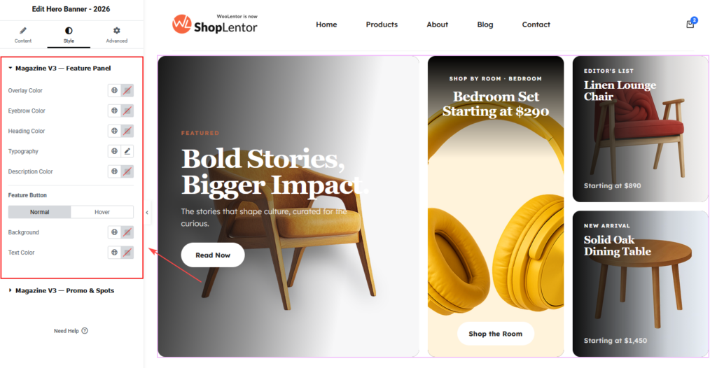Customize the Magazine V3 feature panel colors, typography, and button states.
